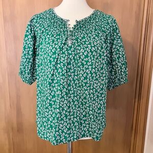 Boden Green Floral Top, size 8, smocked neck, elastics short sleeve cuffs.